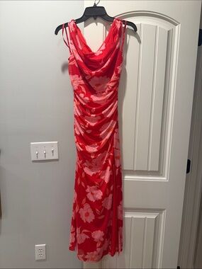Red Floral Cowl-Neck Maxi Dress with front slit